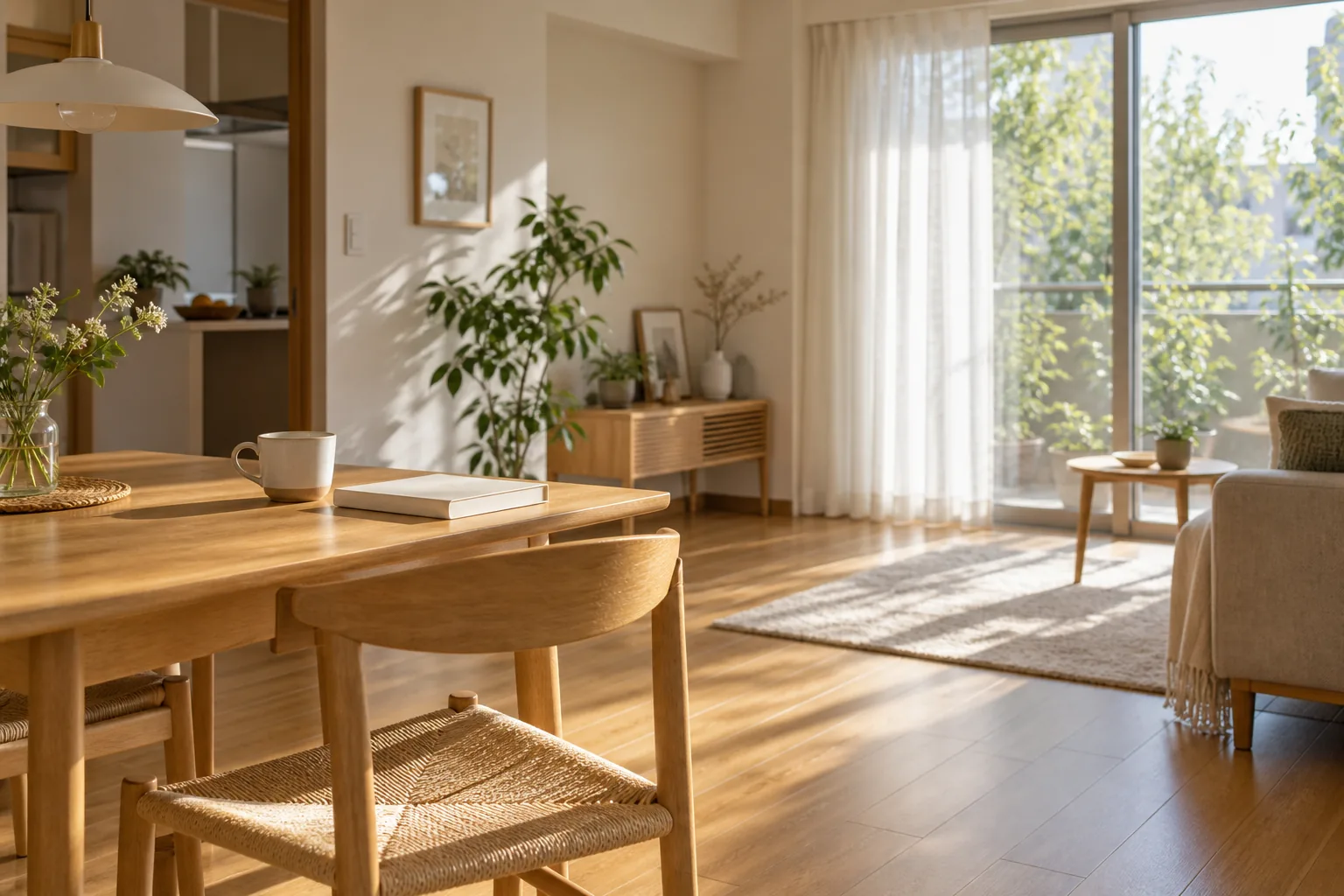 朝の光が入る窓辺と木のテーブルのある住まいのイメージ